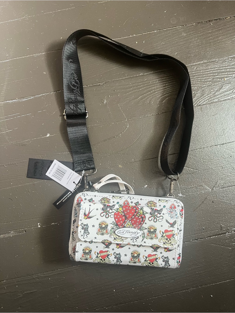 Ed Hardy White Crossbody Bag with Red Heart Print